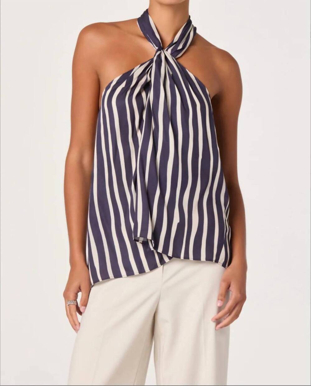NEW ASTR cira twist-front halter top in navy /white stripe
